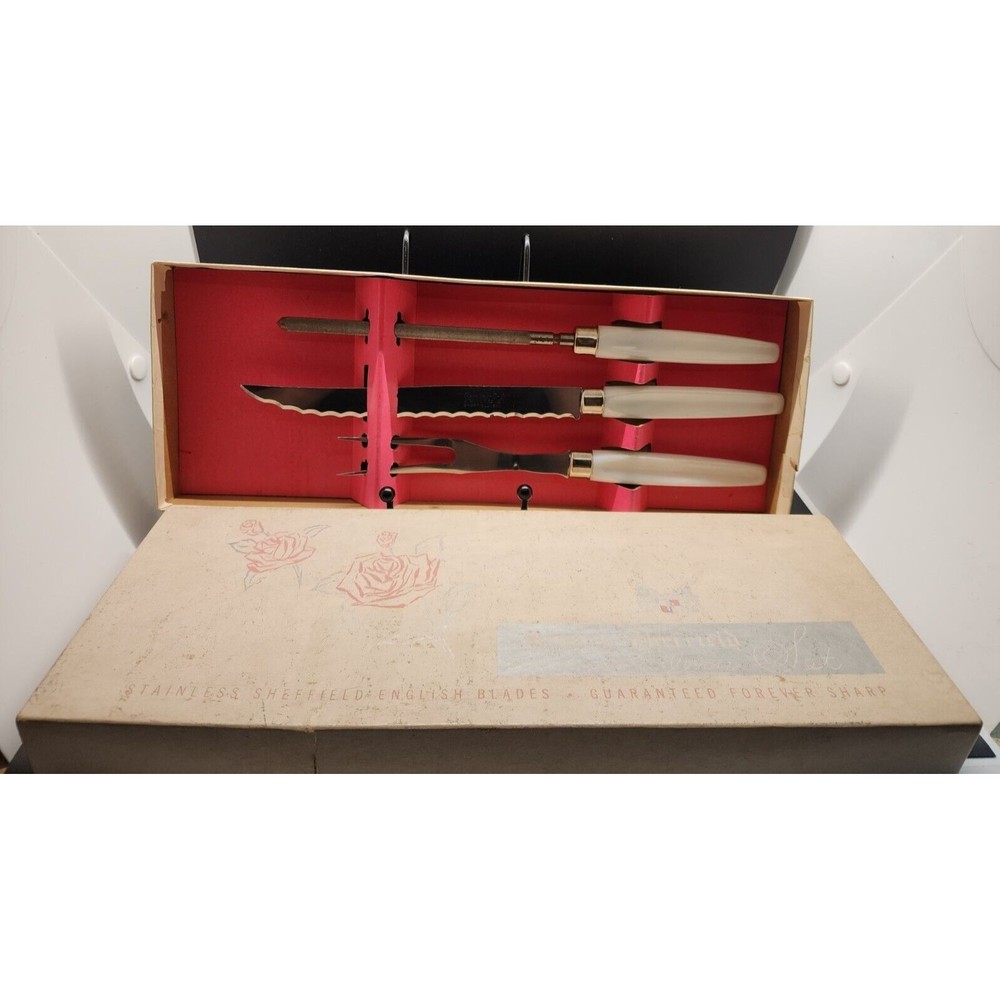 Vtg Regent Sheffield English Stainless 3 Piece Carving Set Box Pearline Bakelite